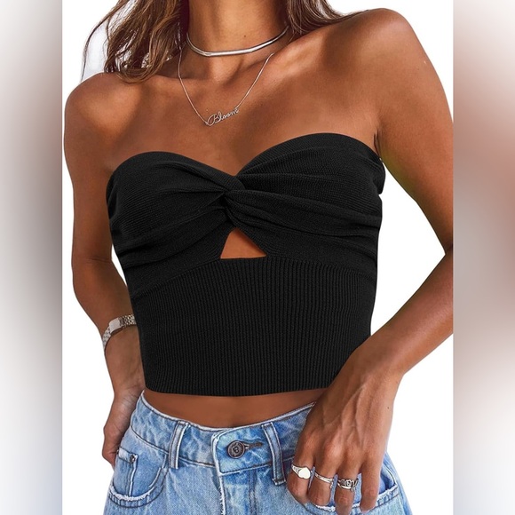 Tops - Tube Tops Going Out Cut Out Twist Knot Front Bandeau Ribbed Knit Y2K Strapless L